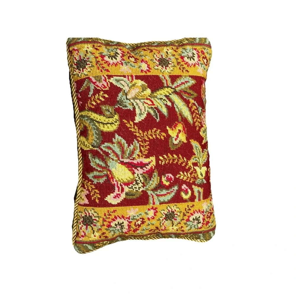 Vintage Needlepoint Floral Tapestry Pillow 11x14 Red Gold Rope Trim Velvet Back